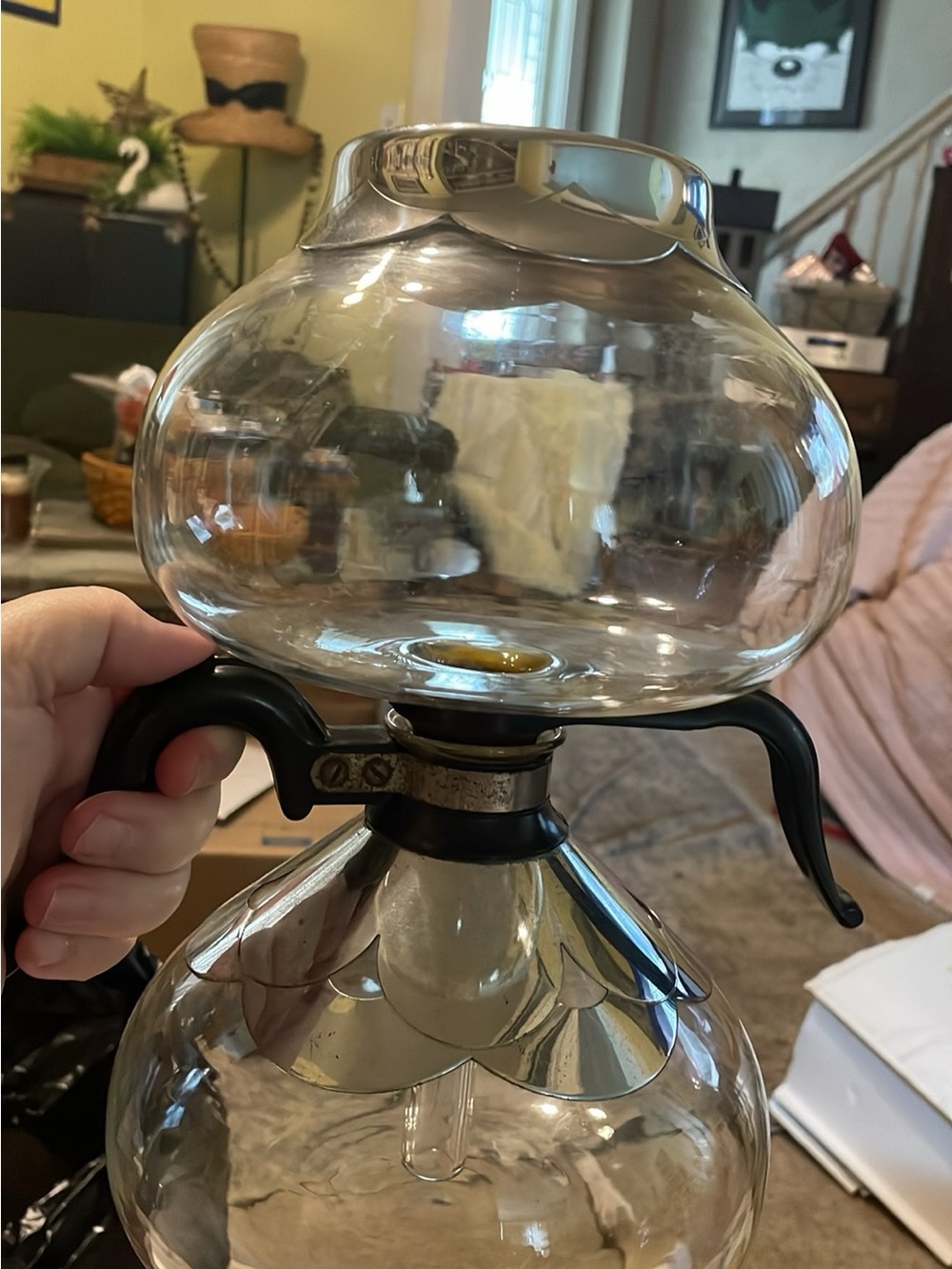 Clear Glass Coffee Syphon with Black Handle and Silver Accents